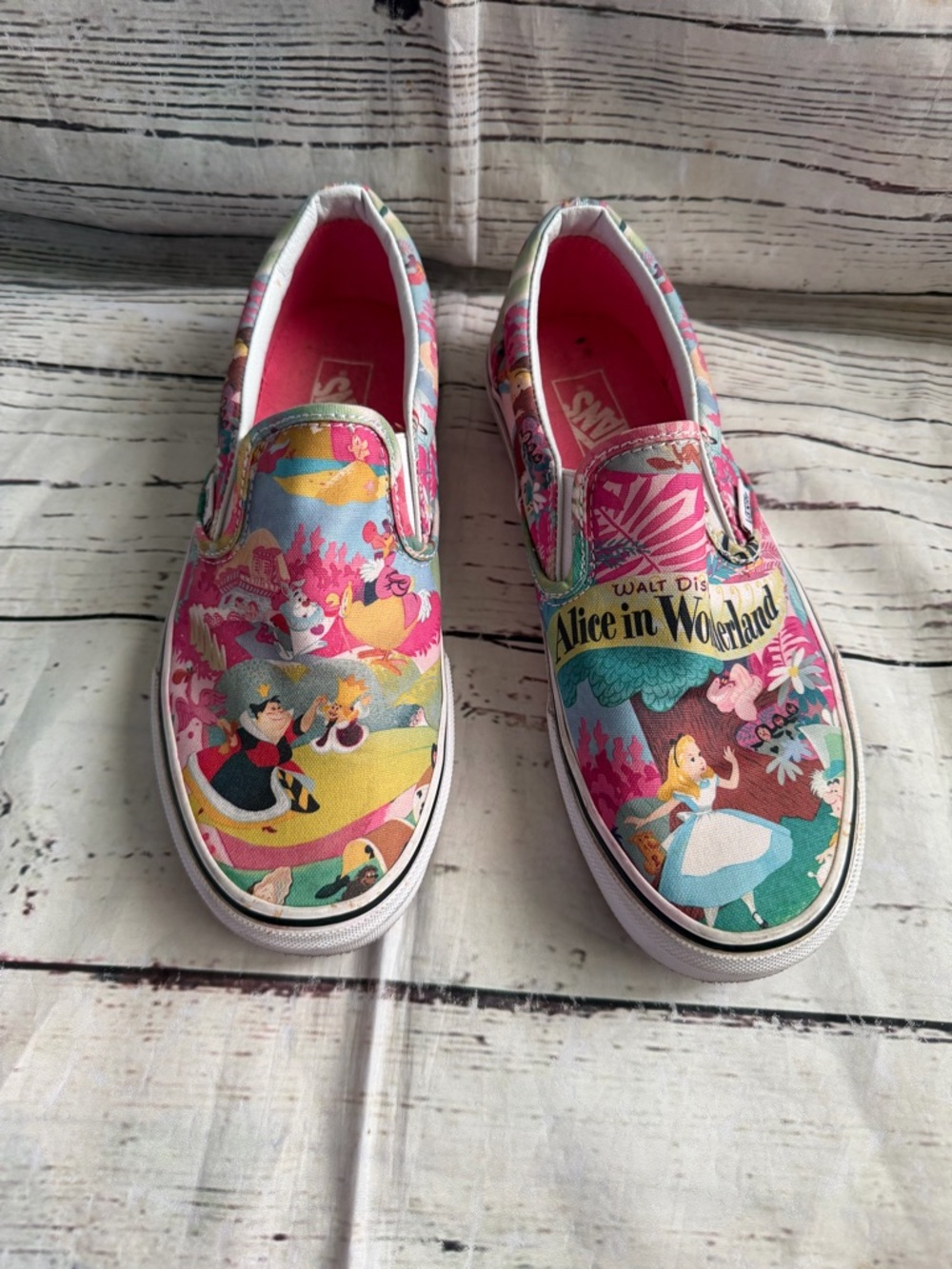 Vans Pink Multicolor Alice in Wonderland Slip-On Sneakers - Picture 2 of 11